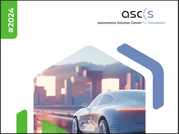Cover of the ASCS Magazin 2024 by the Automotive Solution Center for Simulation, showing a wireframe-rendered car in front of a city skyline